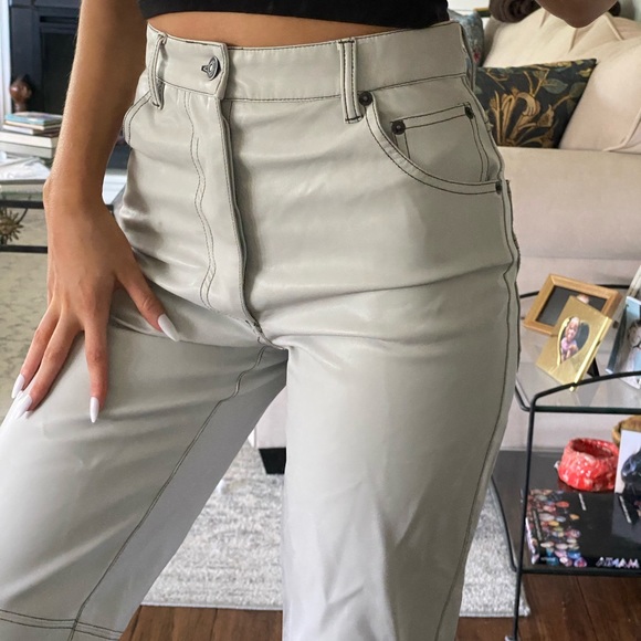 free people gray straight leg leather pants 0 - Picture 4 of 6